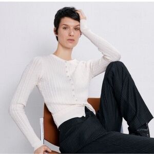 NWT RARE Zara textured cable knit cardigan w/bejeweled buttons SZ L
